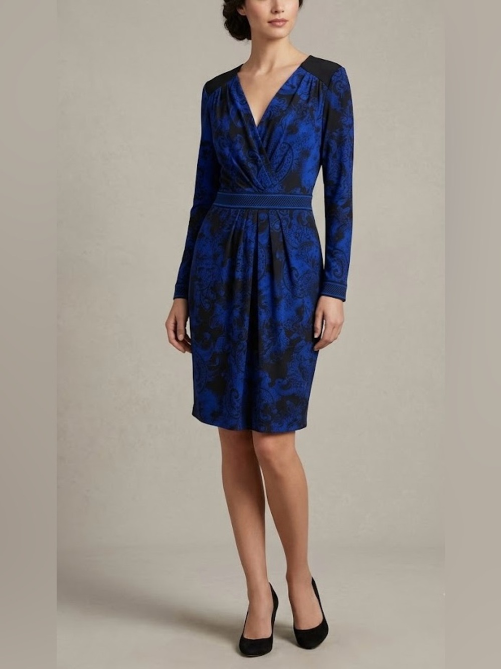 BCBGMaxAzria SAMARA Women’s  Blue and Black Faux-Wrap Long Sleeve  midi Dress L